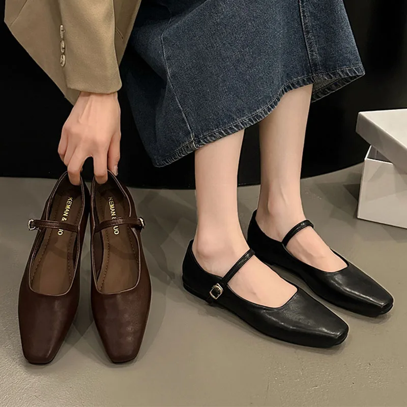 Leatherwork In French - Women Flats French Square Toe Pumps