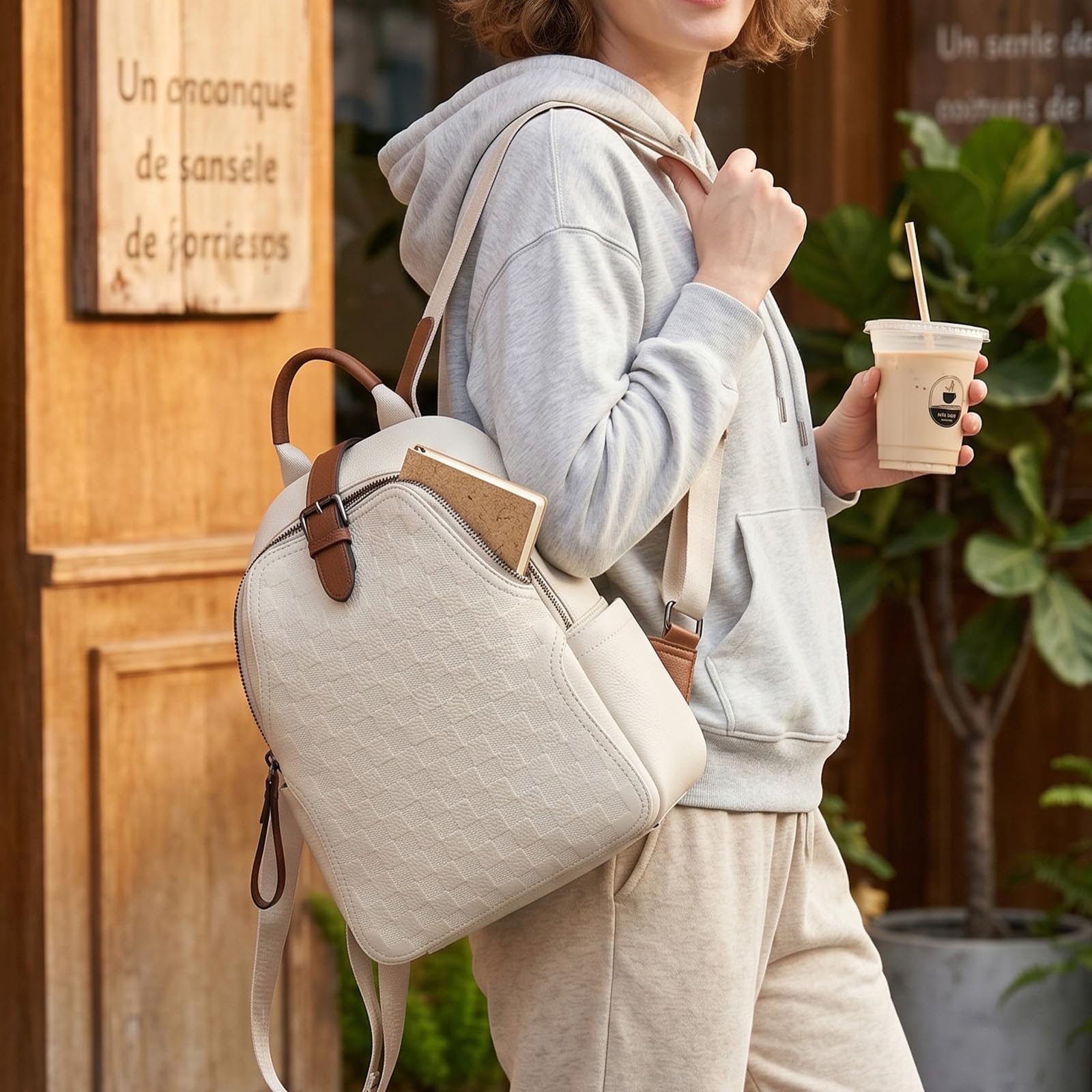 Women Embossed Checkered PU Le - Leather Work Womens Backpack ulasan dan harga